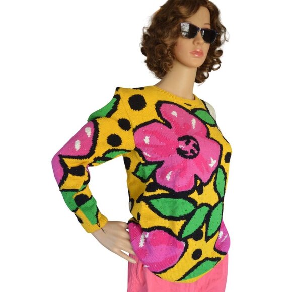 Vintage 90s Bright Bold Funky Knit Flower Sweater Beaded Estimated Womens Medium - Picture 2 of 8